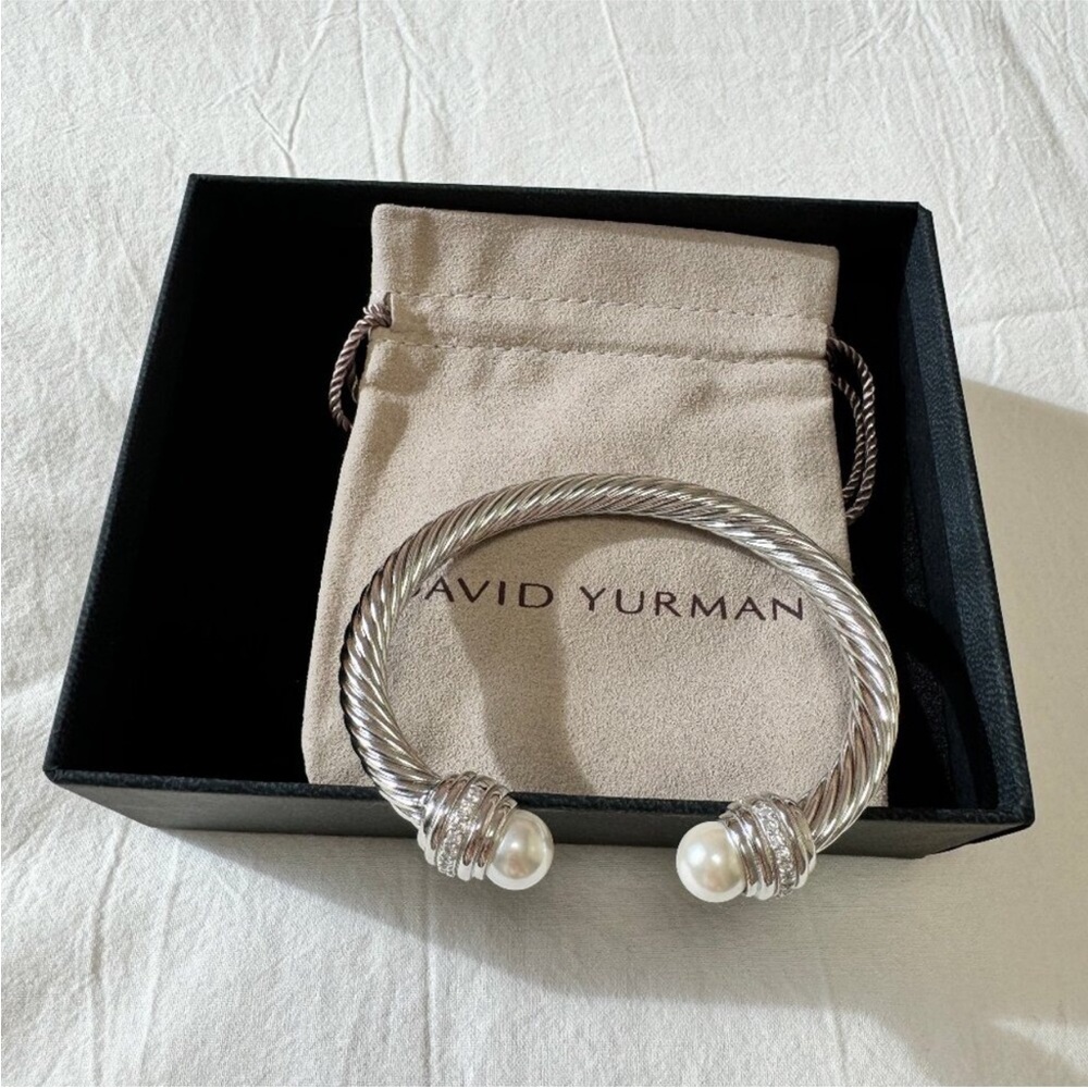 David Yurman Silver Cable Bracelet with Pearl Terminals 7mm